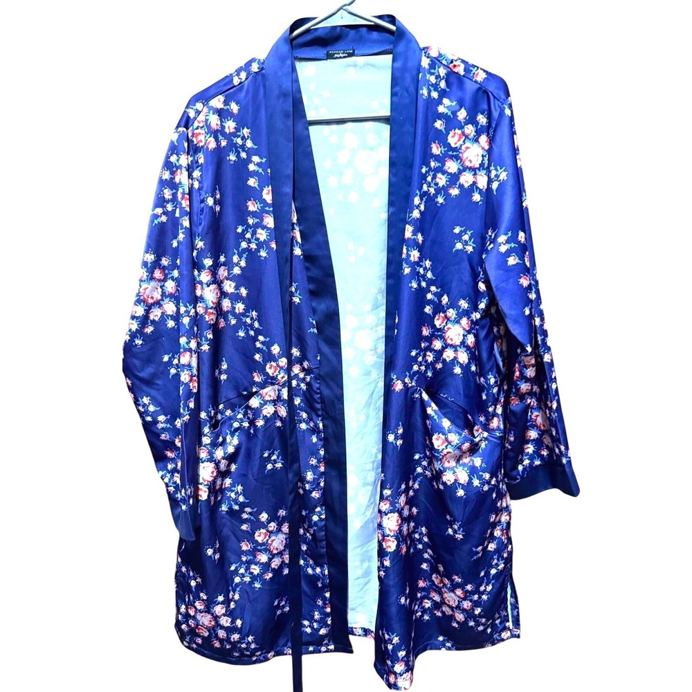 Morgan Lane Blue Floral Robe Kimono Lounge Satin Sleepwear Women's
